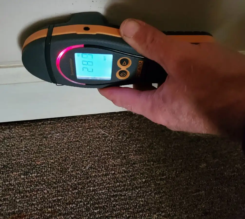 Moisture detection at baseboard during Storm Damage Restoration in Savage